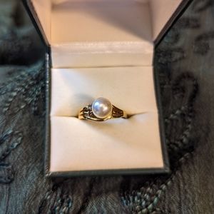 14K Hard Gold Electroplated Ring with Faux Pearl and Accent Stones, Size 6/7